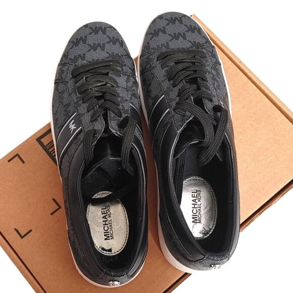 Michael Kors Juno Stripe Logo Print Lace Up Sneakers Black Grey 9.5 - Picture 5 of 7